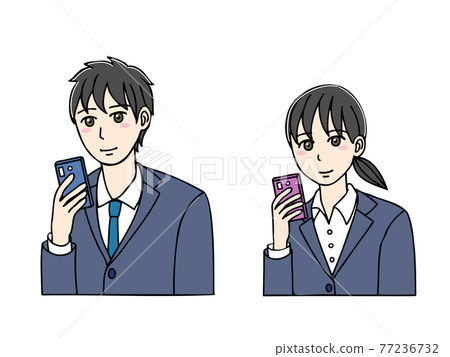 Young men and women in suits looking at smartphones 77236732