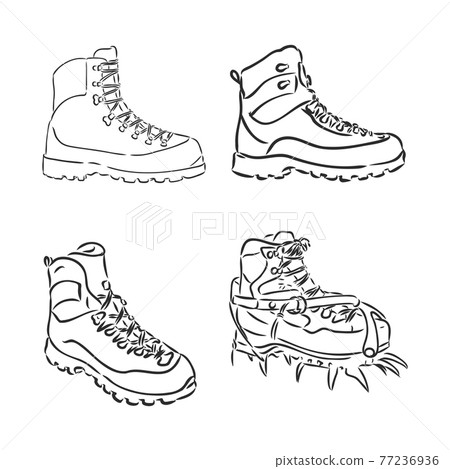 Climber boot sketch engraving vector illustration. T-shirt apparel print design. Scratch board imitation. Black and white hand drawn image. Climber boot sketch engraving vector illustration. T-shirt apparel print design. Scratch board imitation. Black and white hand drawn image. 77236936