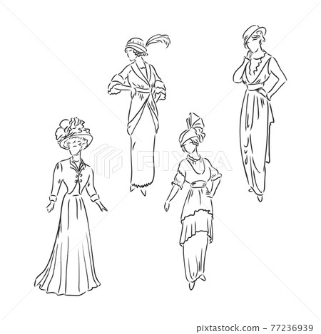 old fashioned dress drawing A drawing of a vintage dress from an old fashion magazine Godey's lady's book Stock Photo