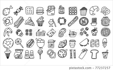 Doodle food set of 50 various fast-food products. Hand-drawn sweets, desserts, snacks, popcorn, American food and English breakfast. A big set of cartoon food illustrations. Doodle food set of 50 various fast-food products. Hand-drawn sweets, desserts, snacks, popcorn, American food and English breakfast. A big set of cartoon food illustrations. 77237257