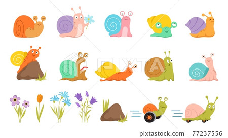 Cartoon snail and flowers. Floral insects, isolated stone grass cute snails. Summer kids wild animals, characters on skateboard or rollers vector set 77237556