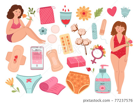 Women period. Isolated female, woman menstrual calendar cycle. Vaginal hygiene, pad tampon flowers. Menstruation plan check exact vector set 77237576