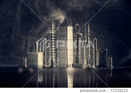 Abstract panorama of city illuminated by bright light with reflection, made by metal bolt, staples for paper stapler and nut chrome. Black background with bokeh and smoke . Abstract panorama of city illuminated by bright light with reflection, made by metal bolt, staples for paper stapler and nut chrome. Black background with bokeh and smoke . 77238225