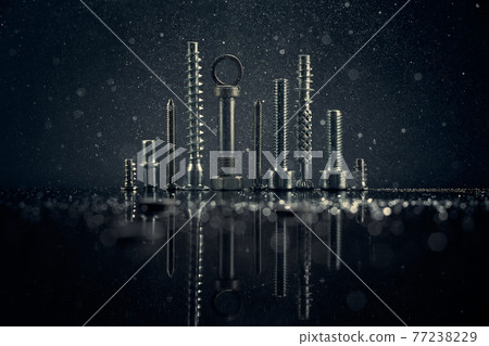 Abstract panorama of city with reflection, made by metal bolt and nut chrome. Black background with bokeh. 77238229