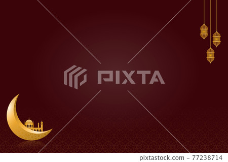 Wallpaper of the Ramadan Kareem. There are three lanterns with mosques, a crescent moon, and dark tone background. Design for Islamic or Muslim traditions with free space.Illustration. 77238714