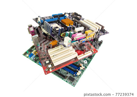 Electronic waste of mainboard computer - old computer circuit boards from recycle industry isolated white background 77239374