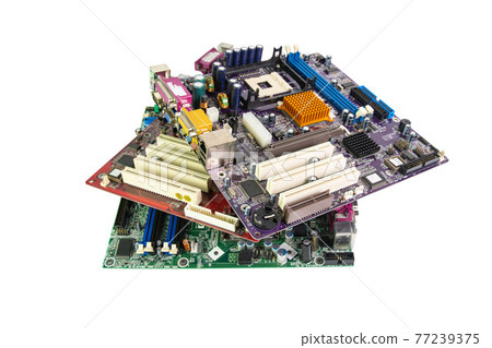 Electronic waste of mainboard computer - old computer circuit boards from recycle industry isolated white background 77239375