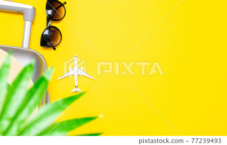 Sea background. Travel accessories with suitcase, white plane, palm leaves in minimal trip vacation concept on yellow background. Tranquil beach scene with copy space. 77239493