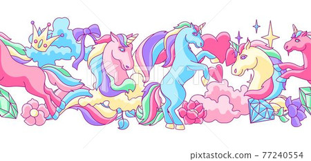 Seamless pattern with unicorns and fantasy items. 77240554