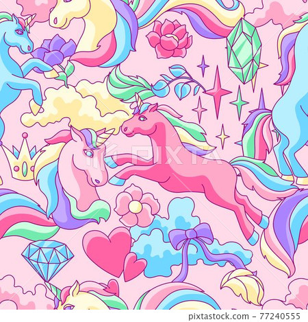 Seamless pattern with unicorns and fantasy items. Seamless pattern with unicorns and fantasy items. 77240555