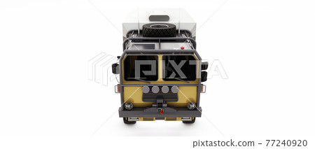 Big truck prepared for long and difficult expeditions in remote areas. Truck with a house on wheels. 3d illustration. Big truck prepared for long and difficult expeditions in remote areas. Truck with a house on wheels. 3d illustration. 77240920