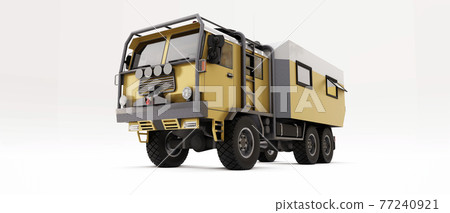 Big truck prepared for long and difficult expeditions in remote areas. Truck with a house on wheels. 3d illustration. Big truck prepared for long and difficult expeditions in remote areas. Truck with a house on wheels. 3d illustration. 77240921