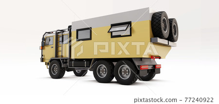 Big truck prepared for long and difficult expeditions in remote areas. Truck with a house on wheels. 3d illustration. 77240922