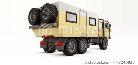 Big truck prepared for long and difficult expeditions in remote areas. Truck with a house on wheels. 3d illustration. Big truck prepared for long and difficult expeditions in remote areas. Truck with a house on wheels. 3d illustration. 77240923