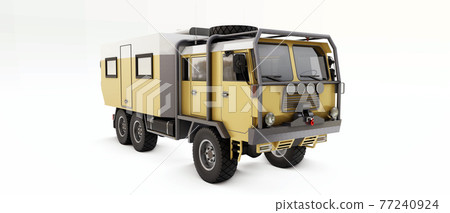 Big truck prepared for long and difficult expeditions in remote areas. Truck with a house on wheels. 3d illustration. Big truck prepared for long and difficult expeditions in remote areas. Truck with a house on wheels. 3d illustration. 77240924