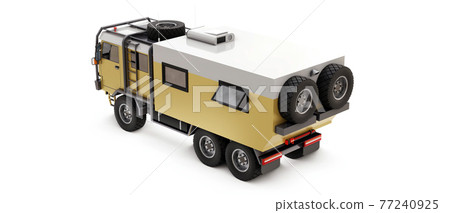 Big truck prepared for long and difficult expeditions in remote areas. Truck with a house on wheels. 3d illustration. Big truck prepared for long and difficult expeditions in remote areas. Truck with a house on wheels. 3d illustration. 77240925