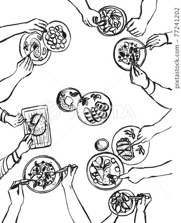 Hands with cutlery. Dining people, top view on table setting with human fork, knife, plate and tablet Hands with cutlery. Dining people, top view on table setting with human fork, knife, plate and tablet 77241202