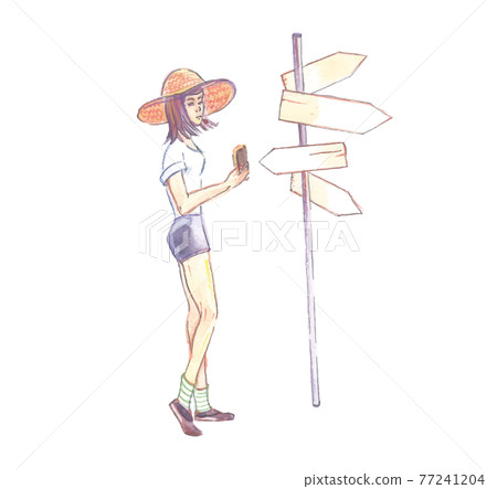 Watercolor illustration, hand-drawn, a girl in a hat, shorts, near arrow pointers, vector Watercolor illustration, hand-drawn, a girl in a hat, shorts, near arrow pointers, vector 77241204