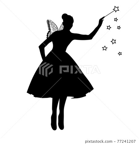 Fairy vector stock illustration. Beautiful fairy silhouette. A sorceress with wings and a magic wand. Isolated on a white background.  77241207