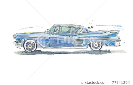 Watercolor illustration of retro car of blue color, vector Watercolor illustration of retro car of blue color, vector 77241294