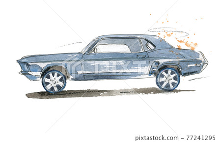 Watercolor illustration of retro car of blue color, vector Watercolor illustration of retro car of blue color, vector 77241295