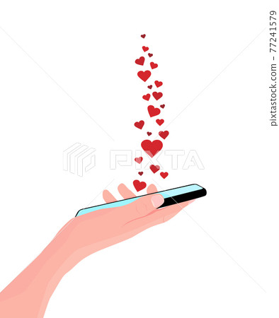 Mobile phone in the hand. Woman holds black smartphone. Finger touching screen. Copy space for your text. Vector illustration, white background 77241579