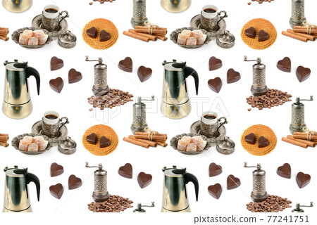 Coffee pot, coffee grinder, coffee beans and sweets isolated on white . Seamless pattern. Coffee pot, coffee grinder, coffee beans and sweets isolated on white . Seamless pattern. 77241751