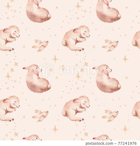 Watercolor christmas nativity scene seamless patterns. Magic Christianity story with newborn jesus, mary, angel and lamb. Holy jolly christmas card Watercolor christmas nativity scene seamless patterns. Magic Christianity story with newborn jesus, mary, angel and lamb. Holy jolly christmas card 77241976