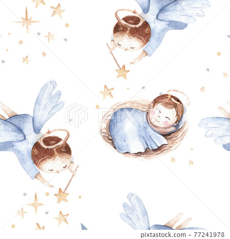 Watercolor christmas nativity scene seamless patterns. Magic Christianity story with newborn jesus, mary, angel and lamb. Holy jolly christmas card Watercolor christmas nativity scene seamless patterns. Magic Christianity story with newborn jesus, mary, angel and lamb. Holy jolly christmas card 77241978