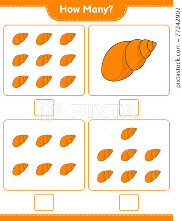 Counting game, how many Sea Shells. Educational children game, printable worksheet, vector illustration Counting game, how many Sea Shells. Educational children game, printable worksheet, vector illustration 77242902