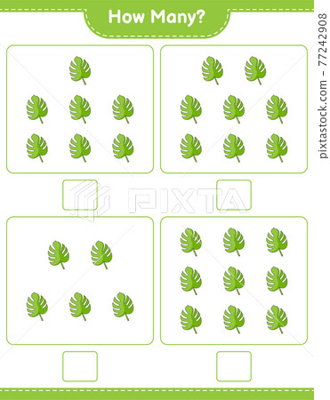 Counting game, how many Monstera. Educational children game, printable worksheet, vector illustration Counting game, how many Monstera. Educational children game, printable worksheet, vector illustration 77242908