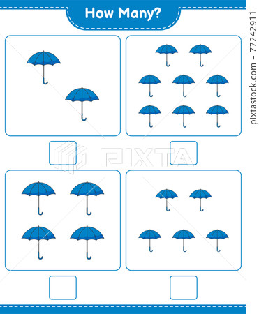 Counting game, how many Umbrella. Educational children game, printable worksheet, vector illustration Counting game, how many Umbrella. Educational children game, printable worksheet, vector illustration 77242911