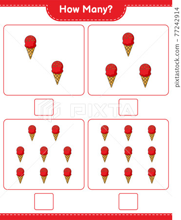 Counting game, how many Ice Cream. Educational children game, printable worksheet, vector illustration Counting game, how many Ice Cream. Educational children game, printable worksheet, vector illustration 77242914