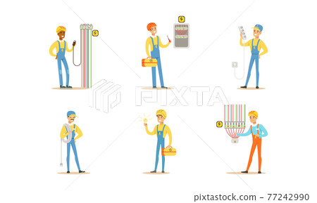 Professional Electricians, Male Electrician Engineers in Uniform Installing and Repairing Electrical Appliance, Repair Service and Maintenance Cartoon Vector Illustration 77242990
