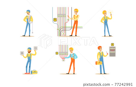 Professional Electricians, Male Electrician Engineers in Uniform and Hardhat Installing and Repairing Electrical Appliances and Transformer Cartoon Vector Illustration 77242991