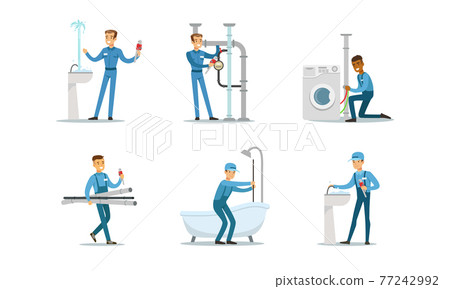 Professional Plumbers, Handymen in Blue Uniform Fixing Sanitary Engineering and Pipes, Repair Service and Maintenance Cartoon Vector Illustration 77242992