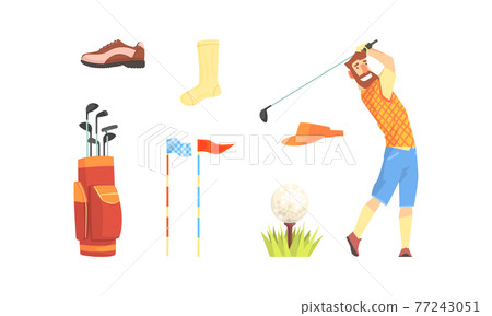 Golfer Player with Sports Equipment Set, Garment Accessories and Tools Cartoon Vector Illustration Golfer Player with Sports Equipment Set, Garment Accessories and Tools Cartoon Vector Illustration 77243051