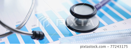 Stethoscope and a protective mask are on tablet 77243175