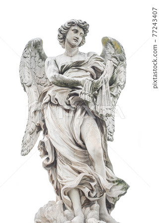Statue of a beautiful holy angel with wings at the Saint Angel bridge (Ponte Sant Angelo), isolated at white background, Rome, Italy. 77243407