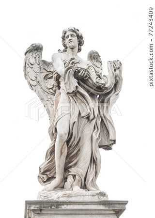 Statue of a beautiful holy angel with wings holding tissue at the Saint Angel bridge (Ponte Sant Angelo), isolated at white background, Rome, Italy. Statue of a beautiful holy angel with wings holding tissue at the Saint Angel bridge (Ponte Sant Angelo), isolated at white background, Rome, Italy. 77243409