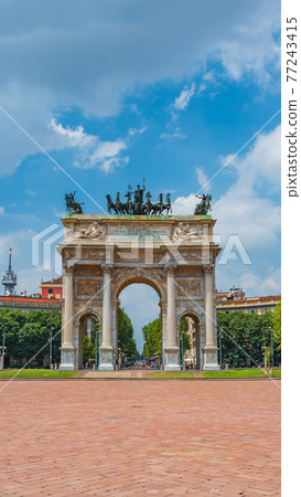 Triumphal Arch called Arch of Peace (Porta Sempione) in Milan historical downtown, Sempione Park, Italy 77243415