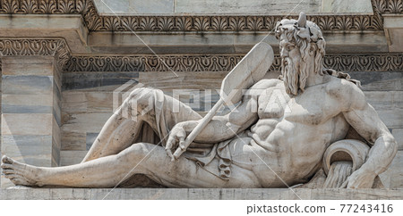 Sculptures of Roman at the Neptune Triumphal Arch called Arch of Peace (Porta Sempione) in Milan historical downtown, Sempione Park, Italy 77243416