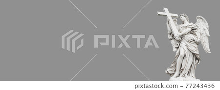 Banner with beautiful holy angel with wings at the Saint Angel bridge isolated at solid grey background and with copy space for text, Rome, Italy. 77243436