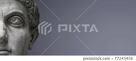 Banner with head of Roman Nobel Man as marble ancient statue isolated at grey and blue gradient background with copy space for text, Rome, Italy. Banner with head of Roman Nobel Man as marble ancient statue isolated at grey and blue gradient background with copy space for text, Rome, Italy. 77243458