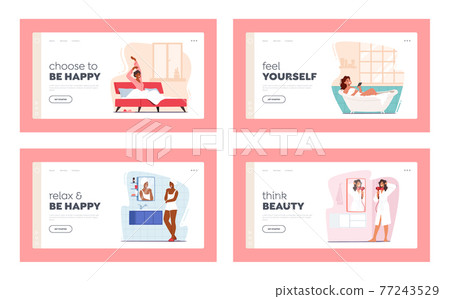 Women Daily Routine Landing Page Template Set. Young Female Characters Morning Hygiene, Brushing Teeth, Taking Bath Women Daily Routine Landing Page Template Set. Young Female Characters Morning Hygiene, Brushing Teeth, Taking Bath 77243529