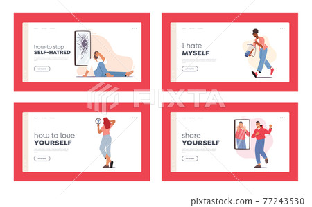 Self Anger, Loathing, Low Esteem Landing Page Template Set. Characters Look in Mirror Unhappy with their Reflection 77243530