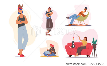 Leisure, Communication, Love, Care of Animals, Carefree Concept. People Caress of Pets. Male Female Characters and Cats 77243535
