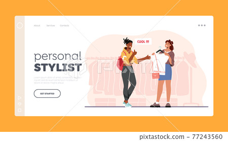 Personal Stylist Landing Page Template. Girl and Professional Fashion Stylist Visit Apparel Store to Choose Clothes 77243560