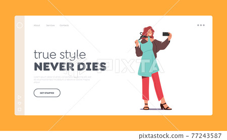 Woman Chatting with Consultant Online via Smartphone Landing Page Template. Female Character Shoot herself in Dress 77243587
