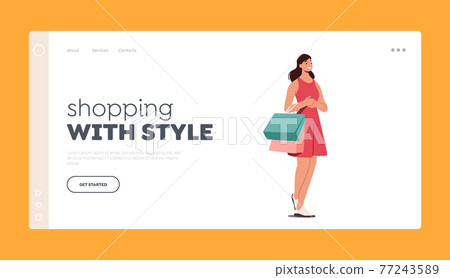 Shopping with Style Landing Page Template. Shopaholic Girl with Purchases in Colorful Paper Bags. Happy Woman Shopping 77243589